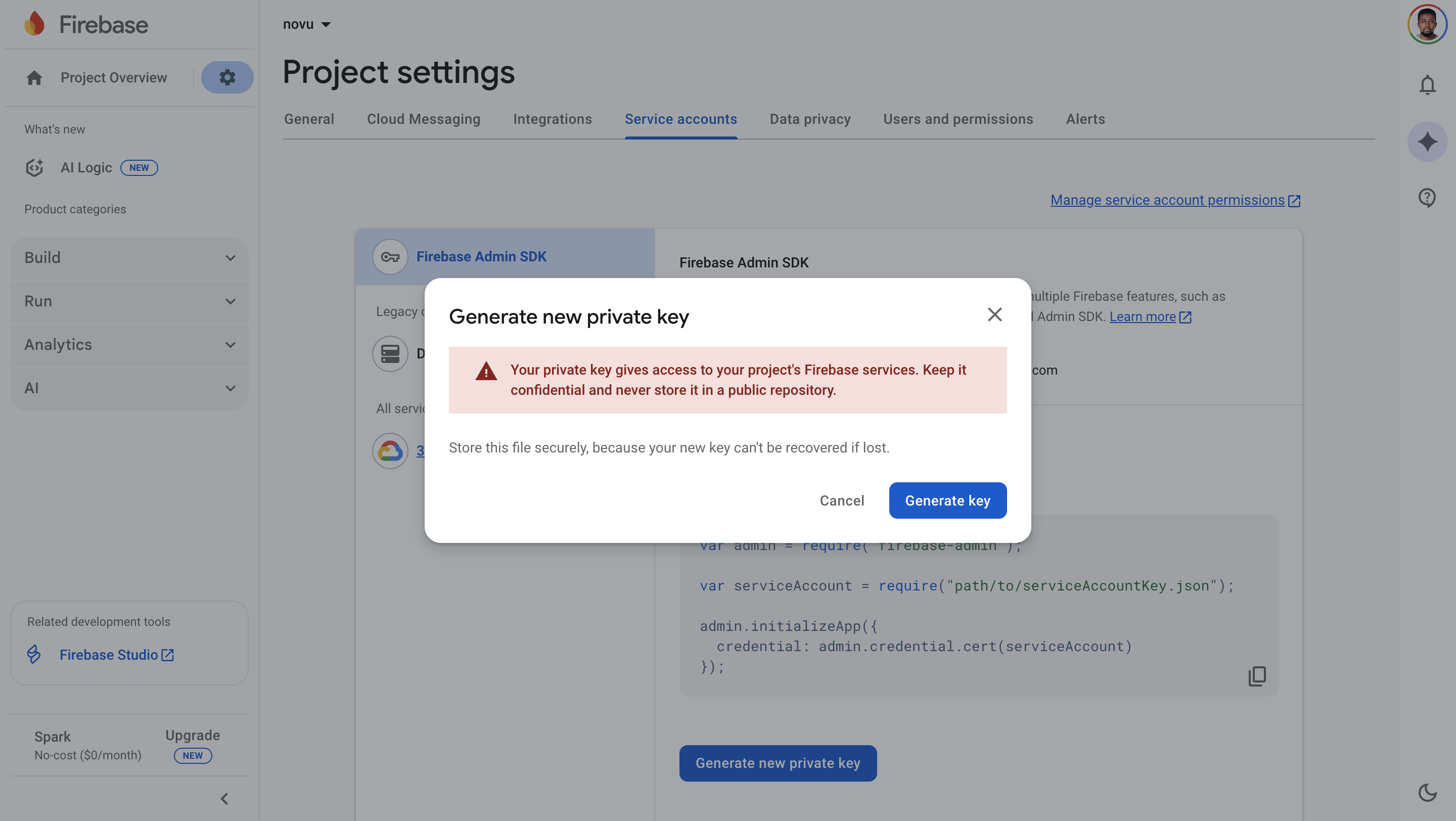 Firebase generate private key confirmation dialog