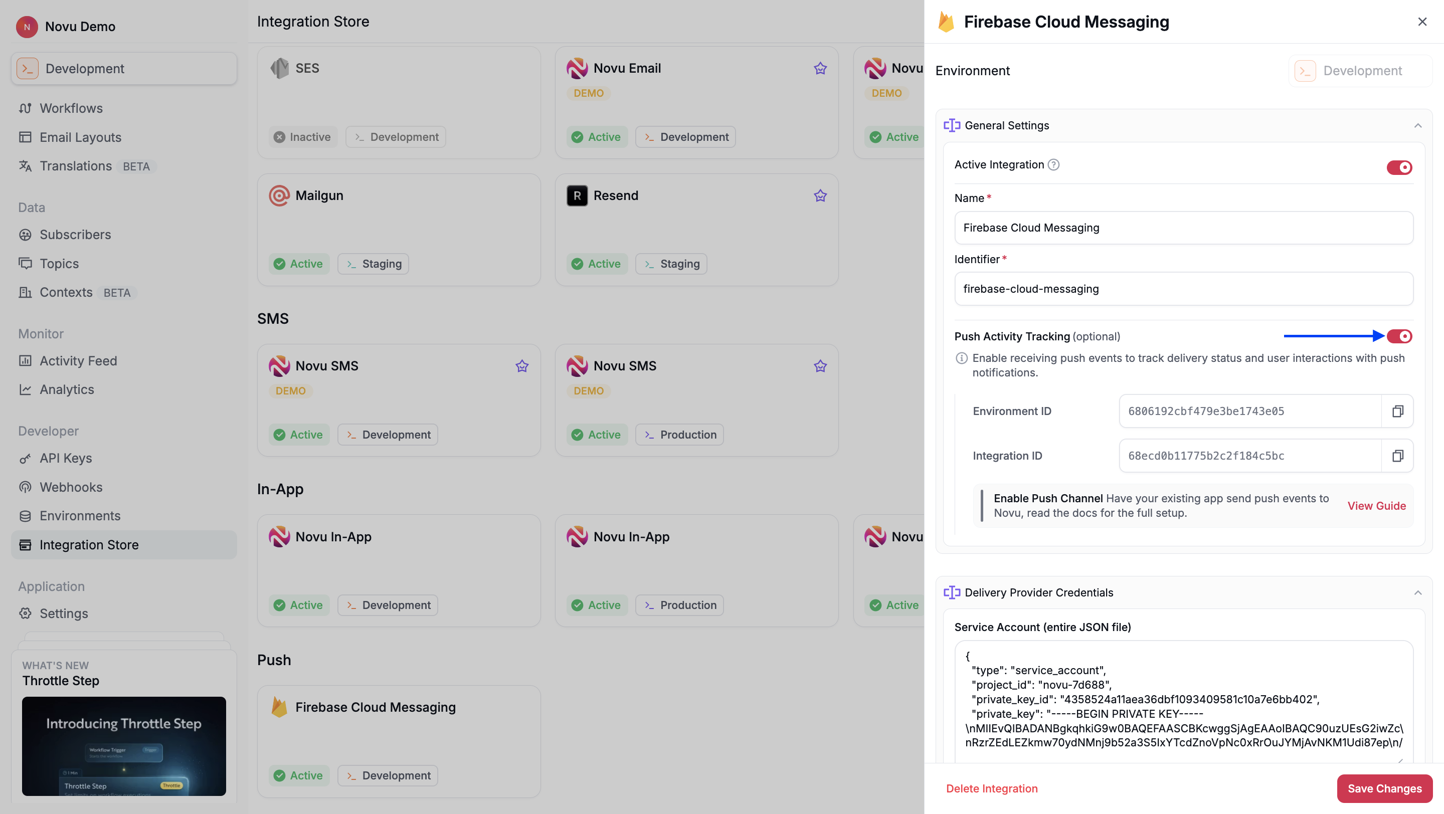 Enable push activity tracking toggle in the Novu integration store